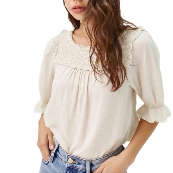 Anthropologie Tops - Anthropologie White Smocked Ruffle Top Small